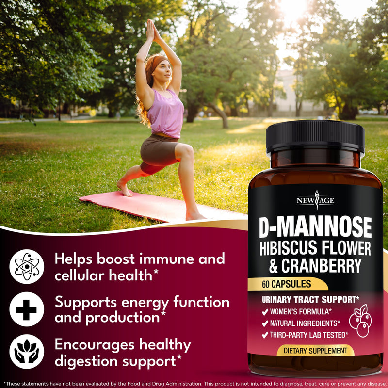NEW AGE D-Mannose with Cranberry & Hibiscus - High Strength for Urinary Tract Health - Supplement for Women - Bladder, Liver & Microflora Support - Made in USA - Vegan, 120 Capsules 60 Count (Pack of 2) - BeesActive Australia