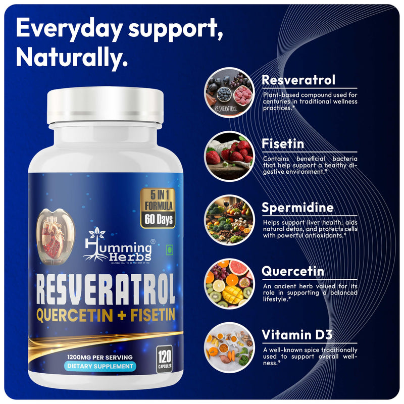 Humming Herbs Resveratrol Supplement— with Quercetin, Fisetin, Spermidine & Vitamin D3 — Antioxidant Support for Healthy Cellular Function - 1200 mg, 120 Vegan Capsules Non-GMO, Gluten-Free