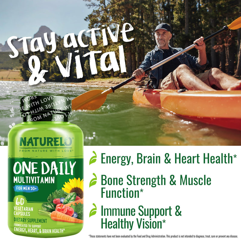 NATURELO Multivitamin for Men 50+ - One Daily, 60 Vegetarian Capsules | Vitamins, Minerals & Organic Whole Foods, Boost Energy and Health, Non-GMO 60 Count (Pack of 1)
