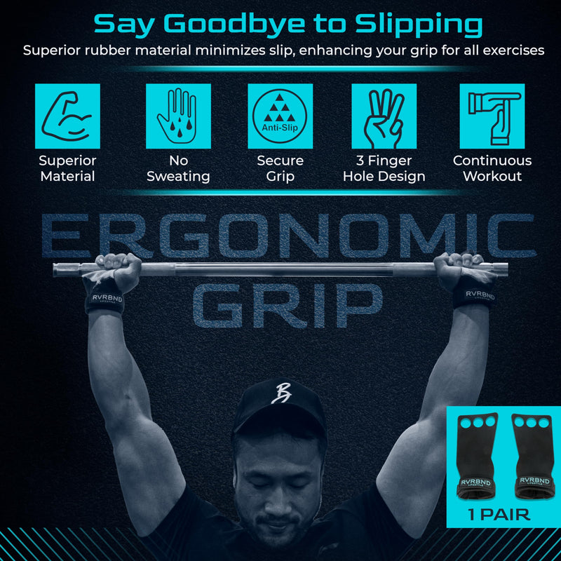 RVRBND Lifestyle 3 Hole Rubber Carbon Hand Grips for Crossfit, Gymnastics, Lifting, Pull Up with Velcro Wrist Strap & Foam Pad, Smooth Hand Protection Large