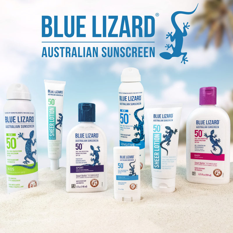 BLUE LIZARD Sensitive Mineral Sunscreen with Zinc Oxide, SPF 50+, Water Resistant, UVA/UVB Protection with Smart Bottle Technology - Fragrance Free, 5 oz SPF 50+ 5 Fl Oz (Pack of 1) - BeesActive Australia
