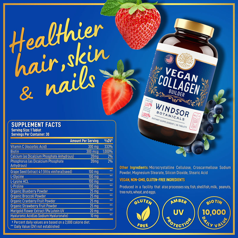 Vegan Collagen for Women and Men - Organic Superfood, Amino Acids Glycine, Lysine, Proline for Healthy Skin, Hair, Nails - Plant-Based Collagen Booster Supplements - 60 Gluten-Free Vegetarian Pills