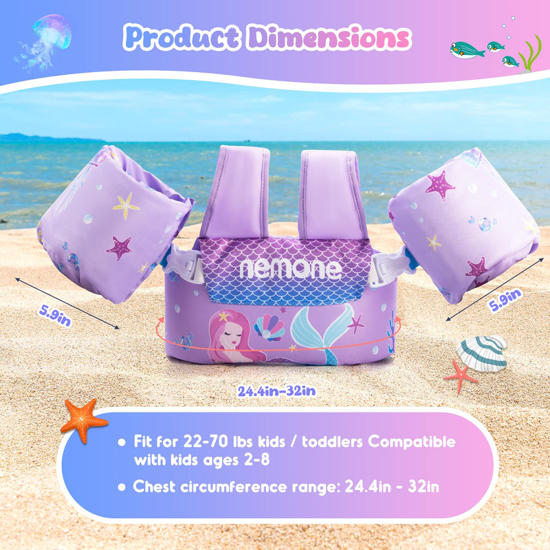 Nemone Toddler Swim Vest for 22-70 lbs Kids Floaties Swim Jacket with Arm Water Wings for Girls Boys 1 2 3 4 5 6 7 Years Old Beach Pool 20 30 40 50 60 66 Pounds Puddle Jumper A- Purple Mermaid Kids 22-70 lbs