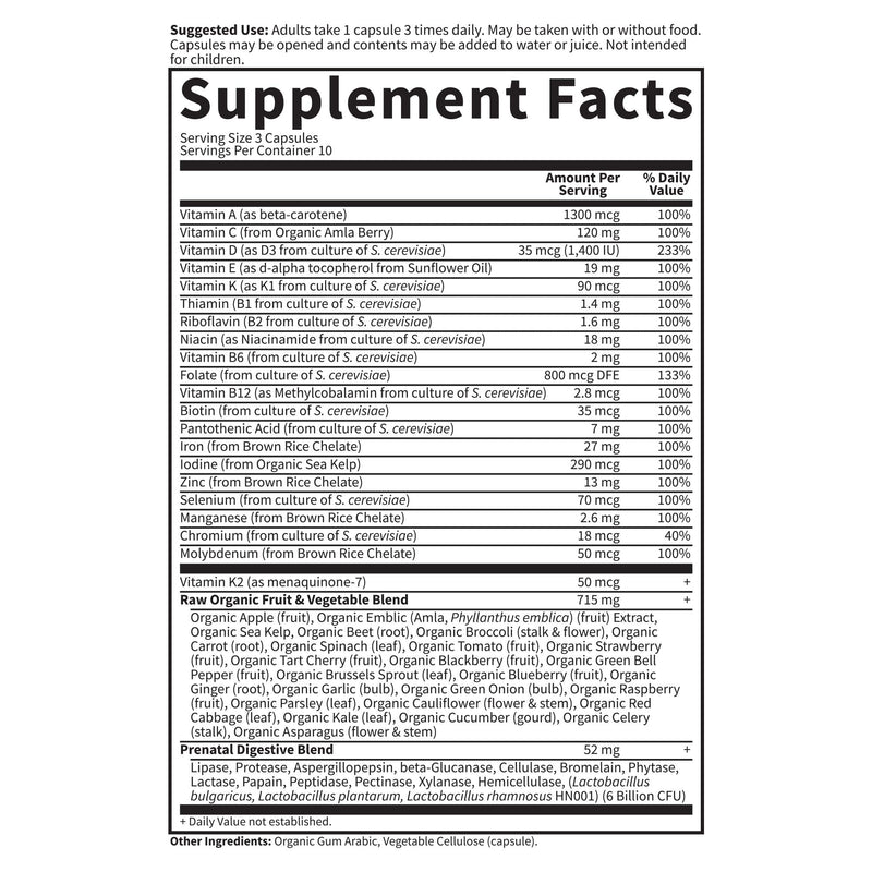 Garden of Life Vitamin Code Raw Prenatal Multivitamin, 10 Day Supply | Iron, Folate, Probiotics and Whole Food Nutrients, Immune and Cellular Energy Support, Non-GMO, Gluten-Free, Kosher 30 Count (Pack of 1)