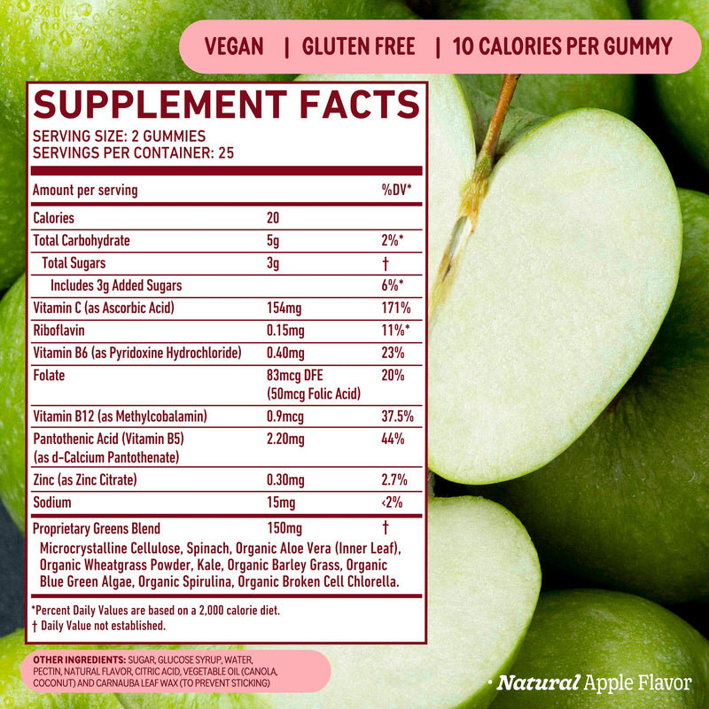8Greens Supergreens Daily Gummies, Apple, 50 Servings | Boosts Metabolism, Immunity & Focus; Contains Aloe vera, spirulina & chlorella; Vitamins C, B6, B12 & folate; Doctor-Backed 50 Count (Pack of 1)