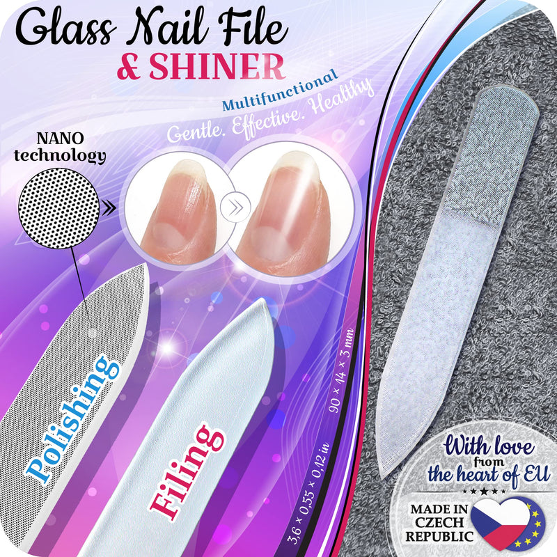GLADZY Czech Glass Nail File Set with Glass Nail Shiner & Cuticle Pusher– 3 pcs Manicure Kit with Case, Multi-Functional Nano Buffer, Manicure Stick, Etched Crystal File for Natural Nails, Made in EU Shiner Set - With Cuticle Pusher - BeesActive Australia