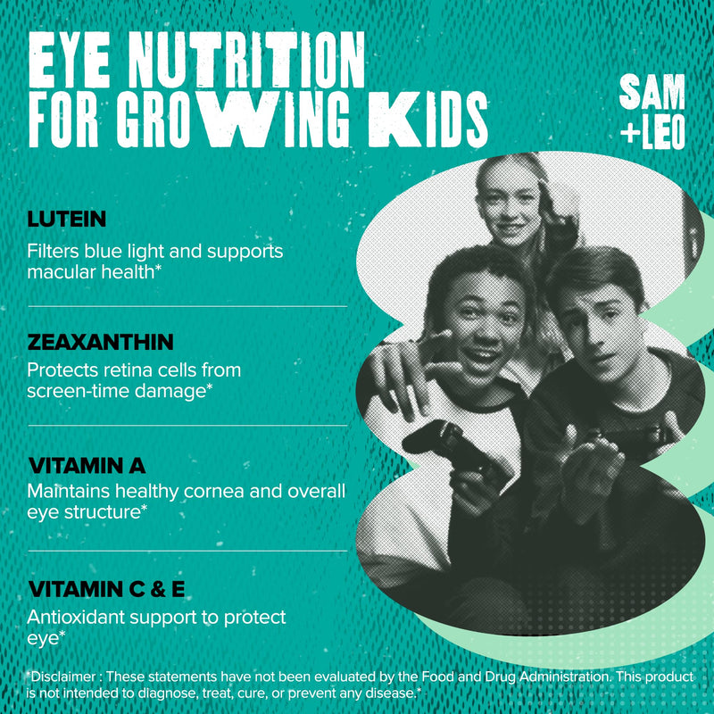SAM+LEO Eye Gummies, Kids & Teens, Vitamins A, E, & C, Lutein, Orange, 60ct | Lutein, Zeaxanthin plus Vitamins A, C, E & Zinc, vegan, gluten-free vision support gummies, orange flavor, ages 4+ Eyes