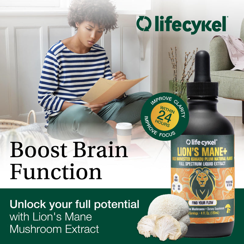 Life Cykel - Lion's Mane Mushroom Extract with Kakadu Plum - Brain Booster Nootropic for Memory, Focus & REM Sleep - Non-GMO, Organic Mushroom Tincture - 4 Fl Oz (60 Servings) 4 Fl Oz (Pack of 1)