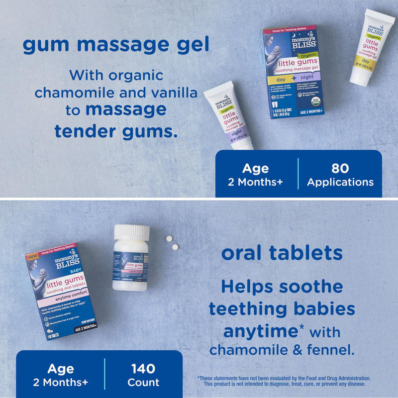 Mommy's Bliss Organic Little Gums Soothing Massage Gel & Oral Tablets Day and Night Combo, Age 2 Months+, Sugar Free, Mild & Sweet Flavor| 2-0.53 Oz Tubes + 1 Bottle (140 Tablets)