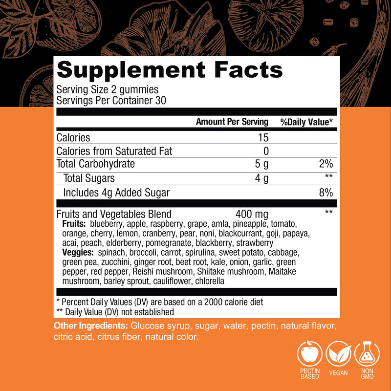 COUNTRY FARMS Fruits and Veggies Gummies, with Over 40 Farm Fresh Fruits & Vegetables, Packed with Powerful Antioxidants, (Spirulina, Blueberry, Mushrooms), Daily Whole Food Supplement, Pectin Based,