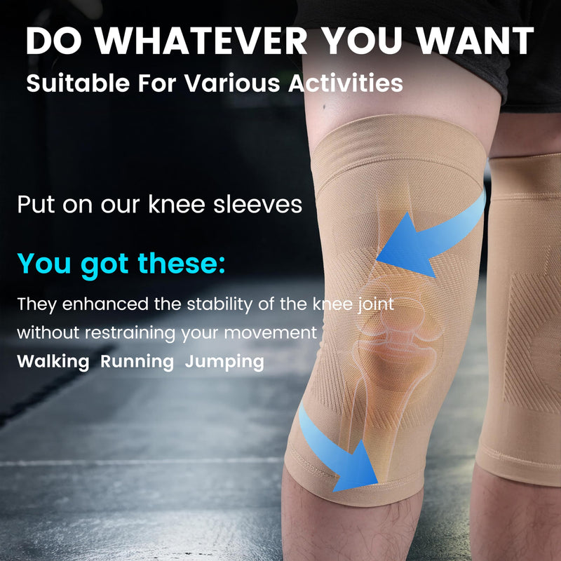 Knee Compression Sleeves, 1 Pair, Can Be Worn Under Pants, 20-30mmHg Strong Support Knee Brace for Unisex, Knee Support for Meniscus Tear, Arthritis, Pain Relief, Injury Recovery, Daily Wear, Beige M Medium (1 Pair) - BeesActive Australia