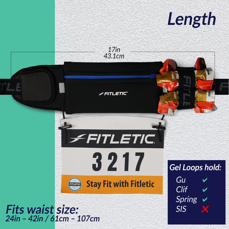 Fitletic - Ultimate II Running Pouch with Gels, Runners Pouch, Running Waist Belt with Gel Loops, Exterior Pocket, Inner Pocket, and Integrated Bib Toggles, Running Accessories Black - BeesActive Australia