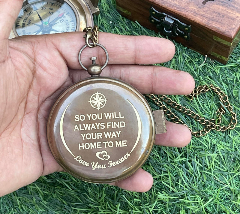 So You Can Always Find Your Way Back to Me - Personalized Sundial Compass with Wooden Box Luxury Gift - Anniversary Sundial Compass - Brass Compass Personalised Gifts for Men