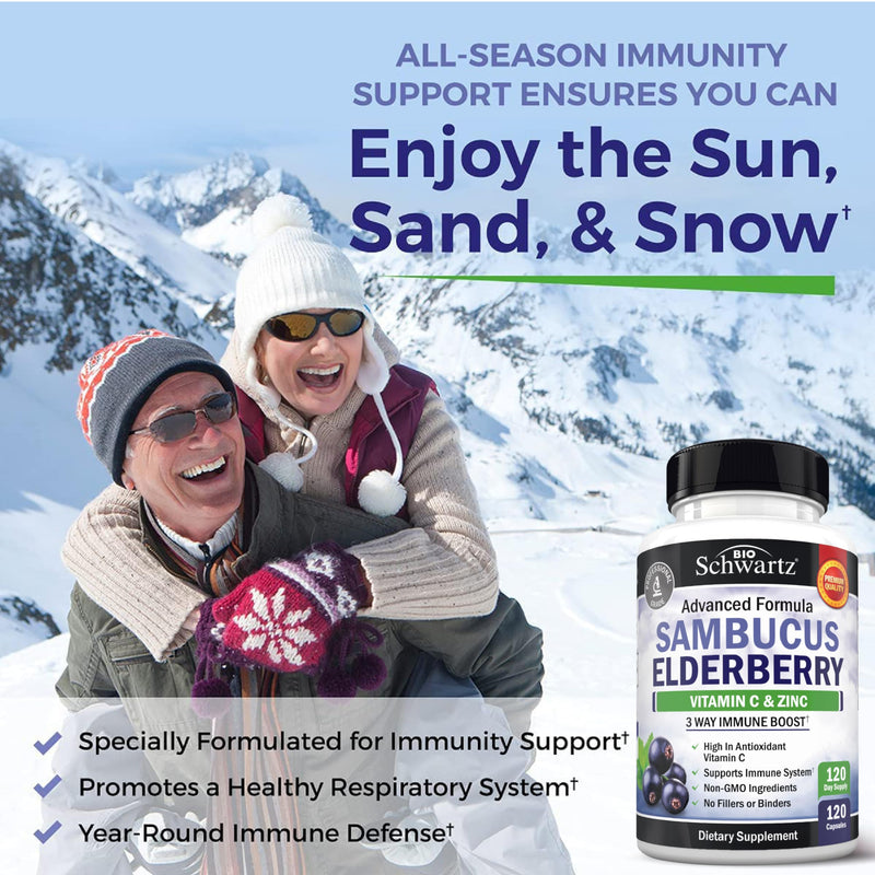 Elderberry Capsules with Zinc and Vitamin C for Adults, 120 Count | Immune Support Supplement for Women and Men, Black Sambucus Elderberry with Vitamin C and Zinc, Immune Defense Multiminerals 120 Count (Pack of 1)