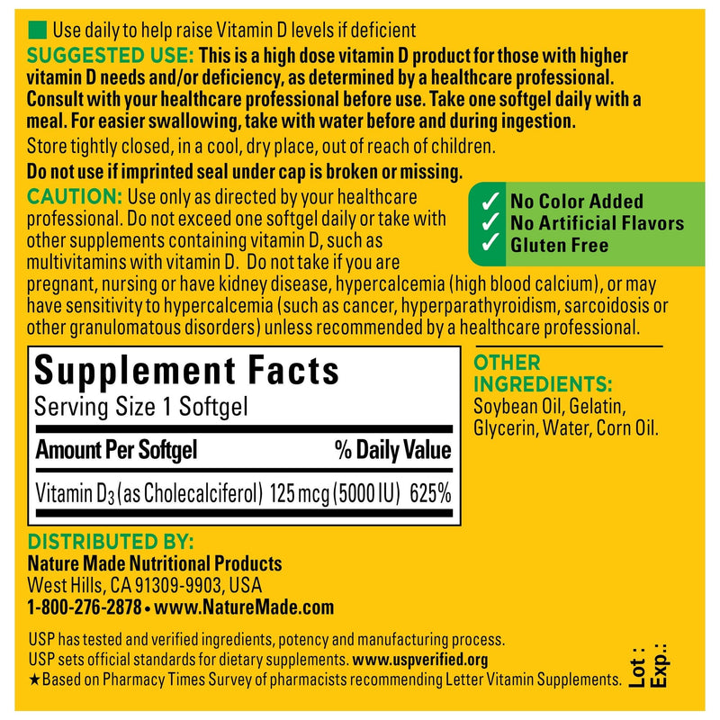 Nature Made Extra Strength Vitamin D3 5000 IU (125 mcg), Dietary Supplement for Bone, Teeth, Muscle and Immune Health Support, 180 Softgels, 180 Day Supply 180 Count (Pack of 1) - BeesActive Australia