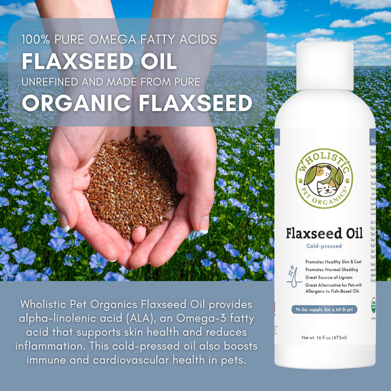 Wholistic Pet Organics Flaxseed Oil for Dogs - 16 Oz - Omega 3 Supplement for Dog Itchy Skin, Dry Skin Relief & Shedding - Skin & Coat Vitamins - PawsPlanet Australia