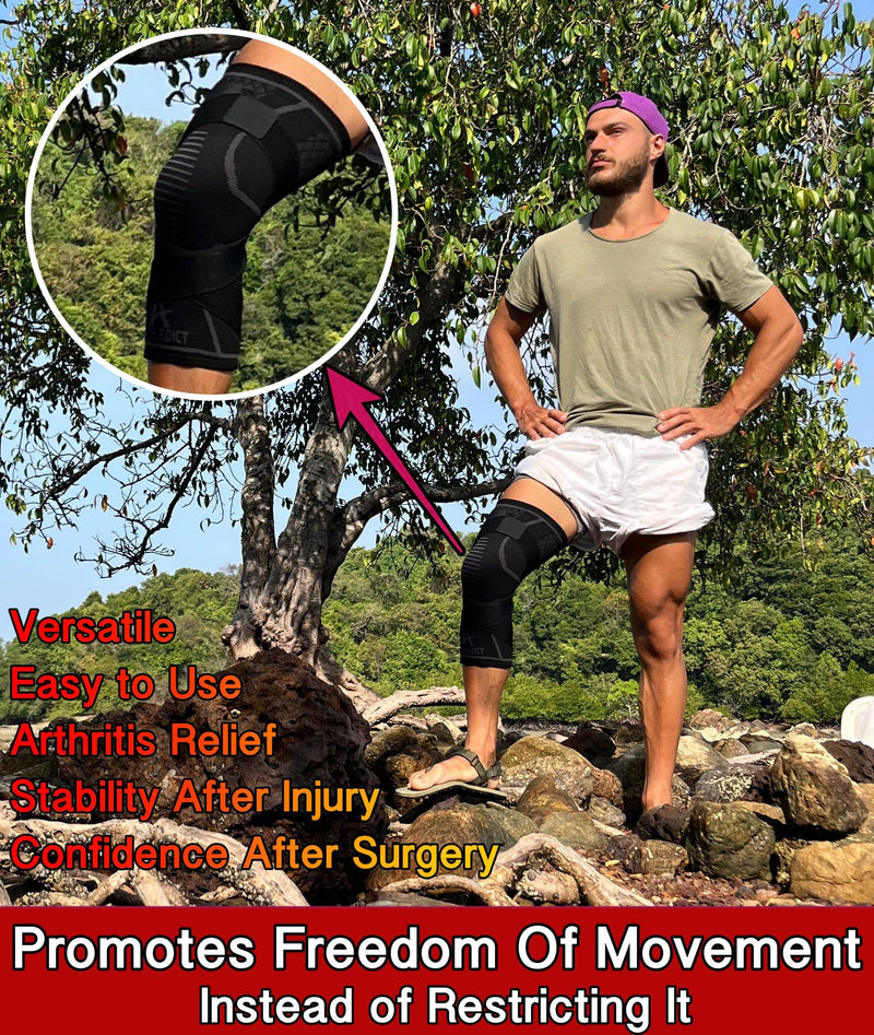 ATHLEDICT Knee Brace Compression Sleeve with Strap for Best Support & Pain Relief for Meniscus Tear, Arthritis, Running, Basketball, MCL, Jogging and Recovery for Men & Women (Black, Large) Black - BeesActive Australia