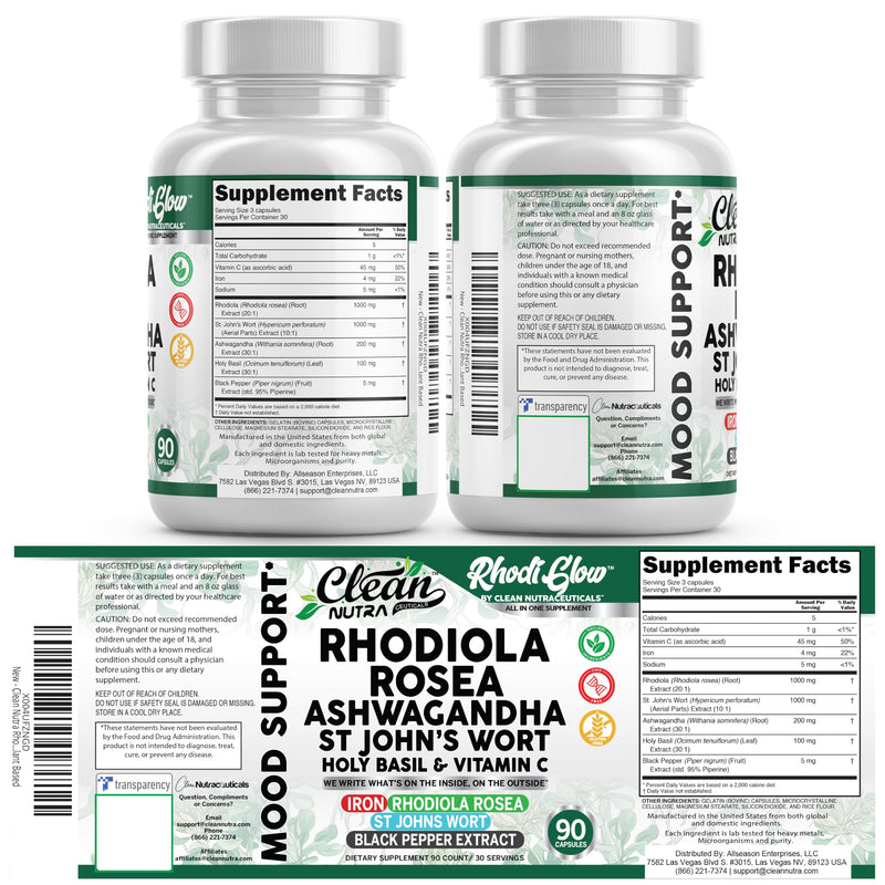 RhodiGlow Rhodiola Rosea Mood Support Supplement + Ashwagandha St Johns Wort Holy Basil Vitamin C Iron Black Pepper By Clean Nutra