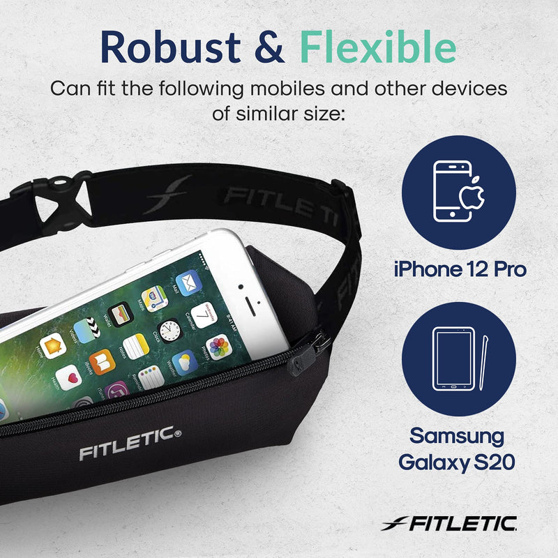 Fitletic Active Lifestyle Fanny Pack & Mini Sports Running Belt For Men & Women – Lightweight, Low Profile- Ultra-Soft Expandable Lycra Pouch - Fits All Phones – Inner Pocket Black