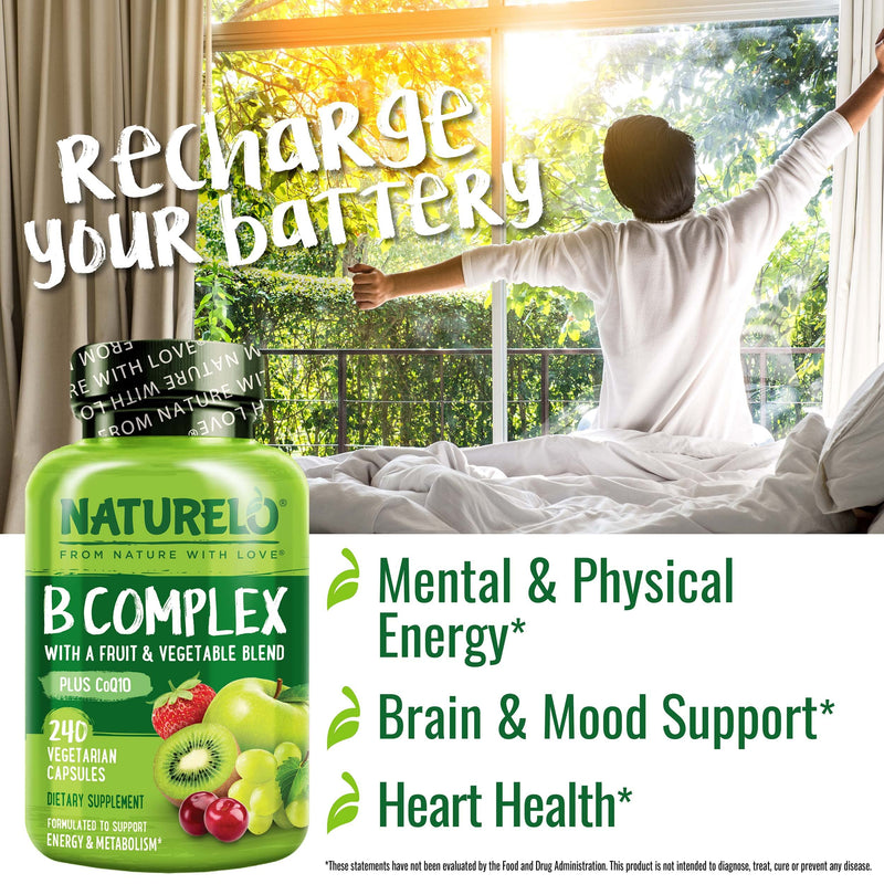 NATURELO Vitamin B Complex, 240 Capsules, Vegan, CoQ10, Methyl Folate | Biotin, Fruit & Vegetable Blend, Supports Energy And Healthy Stress Response, Super B Complex Vitamins for Women and Men 240 Count (Pack of 1)