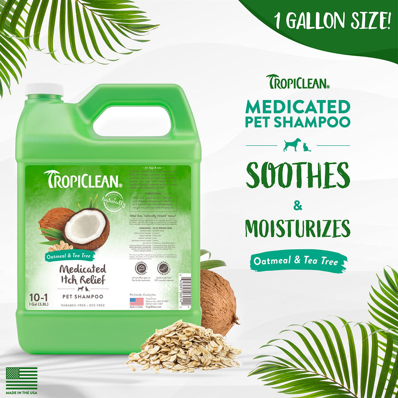 TropiClean Shampoo for Animals - Medicated Itch Relief - Exfoliates, Moisturizes & Soothes Dry, Itchy Skin & Coat I For Dogs & Cats I Parabens, Color and Soap Free - Oatmeal & Tea Tree, 3.78 L Oatmeal Medicated 3.78 liters of oats with medicine - BeesActive Australia