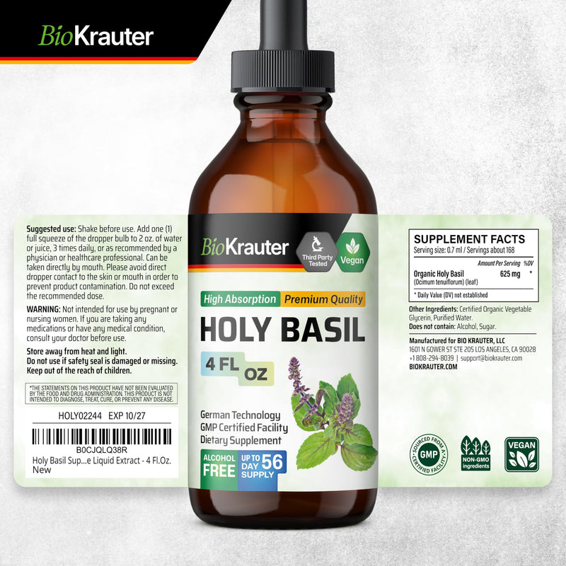 BIO KRAUTER Holy Basil Tincture - Tulsi Powder Liquid Extract - Supports Calmness and Relaxation - Ursolic Acid Supplement - Alcohol and Sugar Free Holy Basil Extract - Vegan Drops 4 Fl.Oz. 4 Fl Oz (Pack of 1)