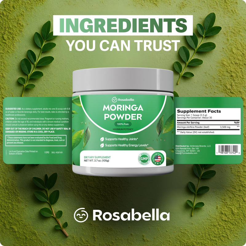 Rosabella Pure Moringa Powder - Energy, Skin, Immune & Gut Health Superfood, Rich in Antioxidants, Essential Vitamins & Amino Acids, Natural Green Superfood Supplement (3.7oz (Pack of 1)) 3.7 Ounce (Pack of 1)