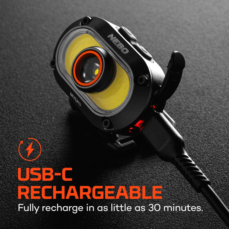 NEBO MYCRO 550+ Rechargeable Headlamp | 550 Lumens, 7 Light Modes, Water Resistant, Detachable Hat Clip, Super Bright Head Lamp for Camping & Hiking, Includes USB Charging Cable – Gray