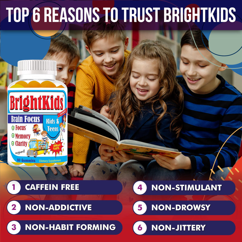 BrightKids Focus Gummies for Kids & Teens – Brain Gummies for Memory and Focus, Omega 3 DHA Brain Vitamins for Kids, Attention & Learning Support Childrens Vitamins, Drug-Free, Made in USA, 60 Count
