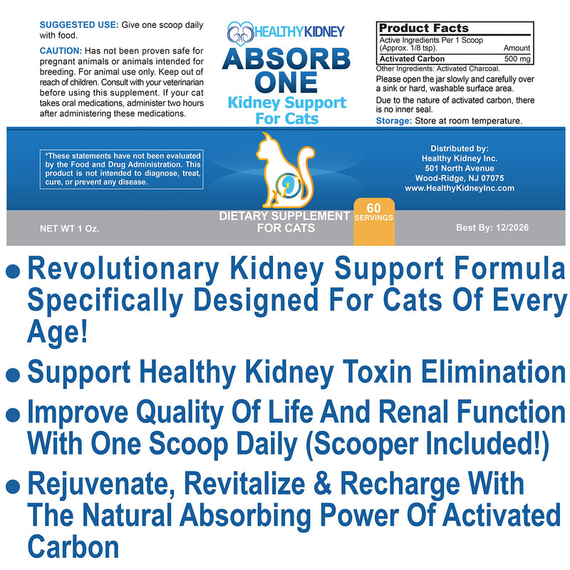 Cat Kidney Support Supplement for Normal Kidney Function in Cats. Natural Feline Kidney Cleanse Take with Any Kidney Cat Diet Food. Vet-Formulated 1/8 TSP a Day 60 Servings: Absorb One