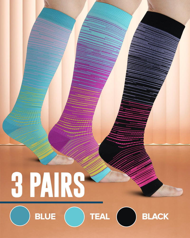 Doctor's Select 3 Pairs Copper Toeless Compression Socks Women & Men - 20-30 mmHg Open Toe Compression Socks Knee High Women Large Line Patterns 1 - 3 Pairs