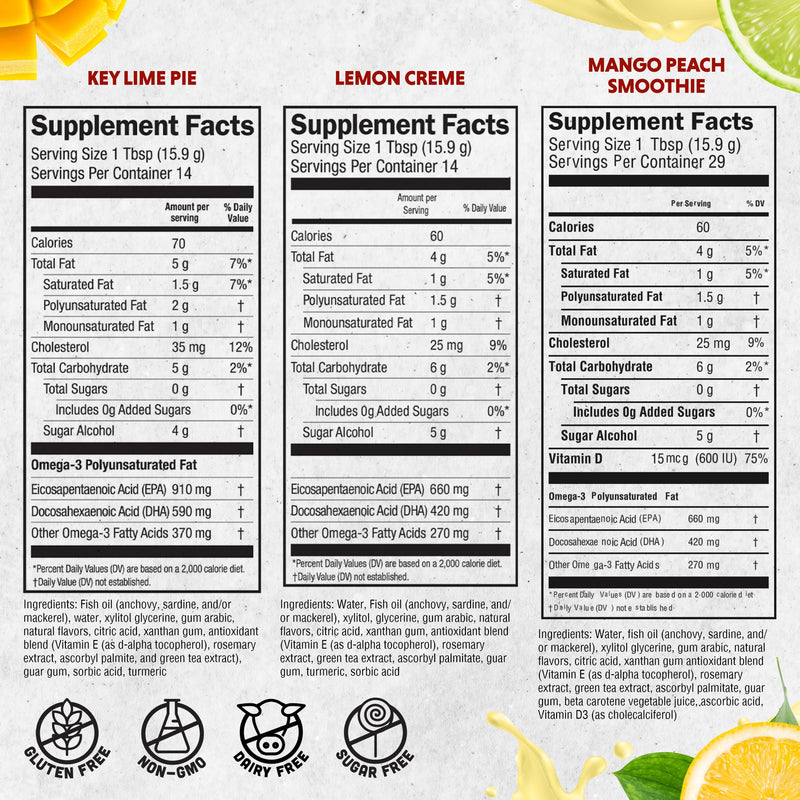 Barlean's Omega-3 Fish Oil Liquid, 1500mg EPA & DHA, Variety Pack, 8oz | Wild-caught, EPA DHA omega-3, 3 flavors, Burpless, Non-GMO, Gluten-free, Supports heart, brain, eye & immune health 8 Fl Oz (Pack of 3)