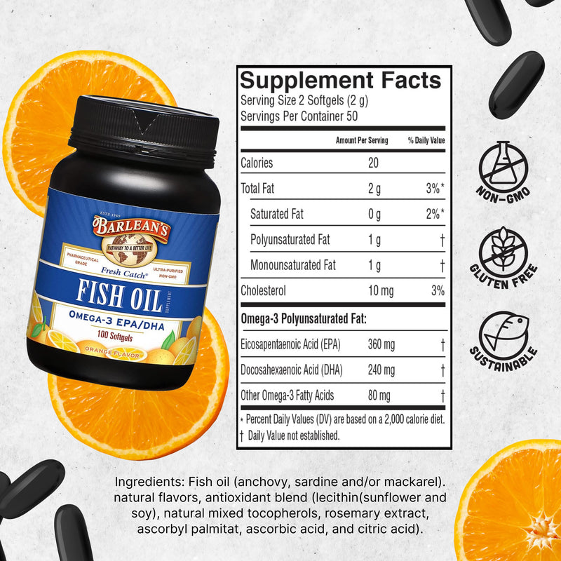 Barlean's Orange Omega-3 Fish Oil Softgels, 600mg EPA & DHA, 100ct | Wild-caught fish oil, EPA DHA omega-3, Burpless softgels, Non-GMO, Gluten-free, For men & women, Heart & brain support 100 Count (Pack of 1)