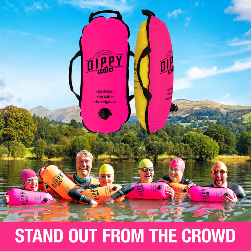 Wild Swim Buoy for Open Water Swimmers | Waterproof Tow Float Swim Bubble for Adults | Triathlon Buoy Float | Swimmer Gear | Wild Swimming Accessories Pink/Yellow