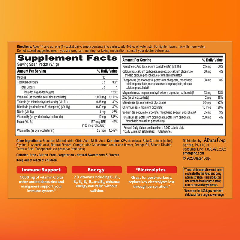 Emergen-C 1000mg Vitamin C Powder for Daily Immune Support Caffeine Free Vitamin C Supplements with Zinc and Manganese, B Vitamins and Electrolytes, Super Orange Flavor -60 Count(Pack of 1) 1.2 Pound (Pack of 1) - BeesActive Australia