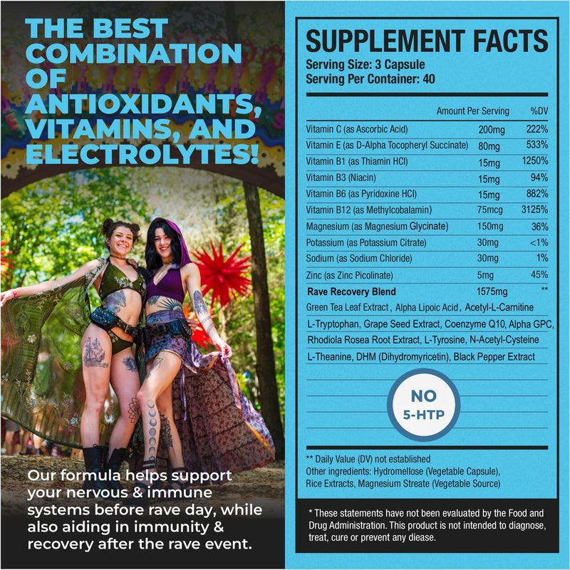 Rave Recovery Aid Vitamins After Party Relief Pills Music Festival Accessories Rave Essential No 5-HTP Supplement Electrolytes Hydration Better Mornings Serotonin Energy Hangover 120 Capsules