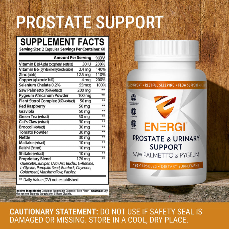 Energi Prostate Supplement, 200mg Saw Palmetto & Pygeum, 120 Capsules | With Pumpkin Seed, Zinc, Selenium & Green Tea Extract, Vegetable Capsules, Supports Urinary Flow, Made in USA