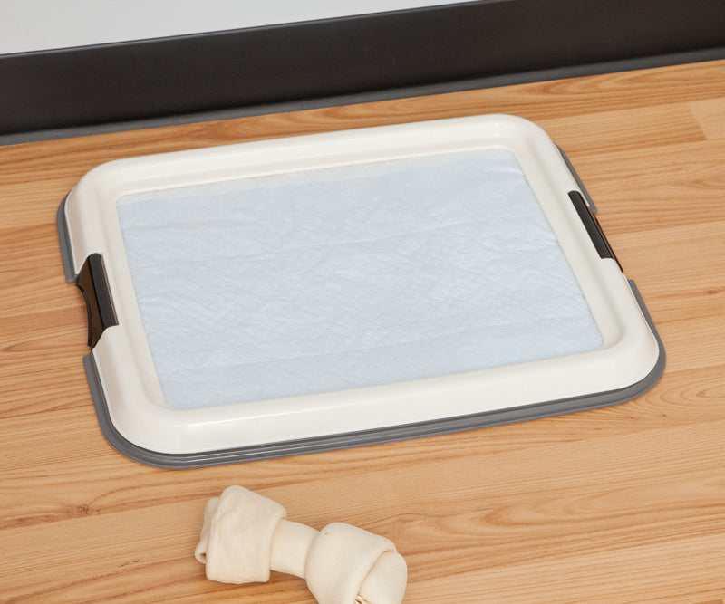 IRIS USA Pee Pad Holder, Small Puppy Dog Pad Holder, Secured Latches, Non-Skid Rubber Feet, High Polish Finish for Easy Cleaning, Leak Protection Dog Potty Tray, Fits 14"x17" Pad or Larger, Dark Gray - BeesActive Australia