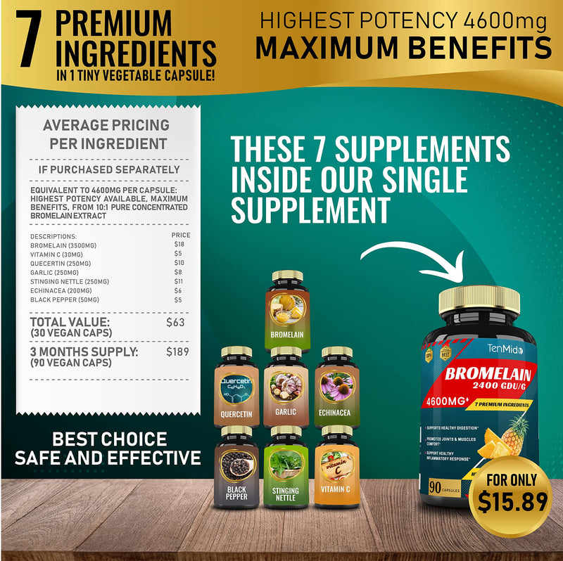 Bromelain Extract Capsules 4600mg, Proteolytic Enzymes & VitC, Quercetin, Echinacea, Garlic, Pepper - Supports Digestion Health, Nutrient Absorption - 90caps, 3Months supply - BeesActive Australia