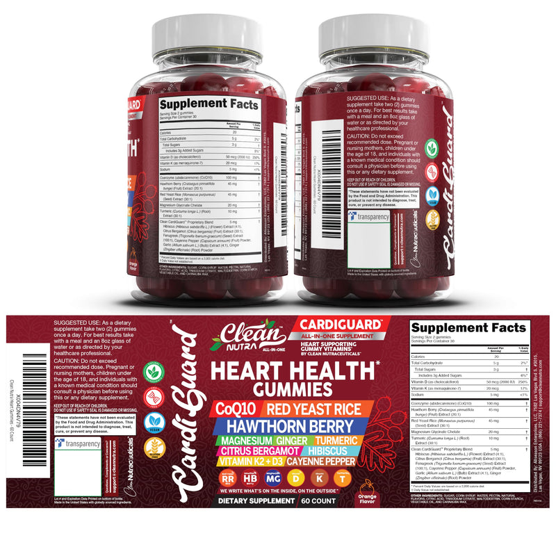 Clean Nutraceuticals Coq10 Gummies | Red Yeast Rice Hawthorn Berry Ginger Turmeric Citrus Bergamot Hibiscus Vitamin K2+D3 Magnesium Glycinate Cayenne Pepper Fenugreek Orange Flavor CardiGuard 1