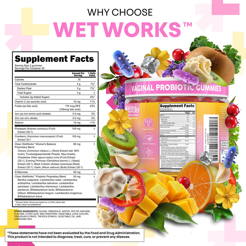 Wet Works Women's Vaginal Probiotic Gummies Pineapple Cranberry Folic Acid D-Mannose Vitamin C Chicory Myo Inositol Garlic Black Cohosh Zinc Iron Evening Primrose Chastetree 60 Count by Clean Nutra