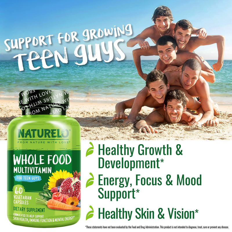 NATURELO Teen Multivitamin - Whole Food Multivitamin for Teenage Boys - Minerals Supplement for Active Kids - with Plant Extracts - Non-GMO - Vegan & Vegetarian - 60 Capsules (Pack of 2) Unflavored 60 Count (Pack of 2)