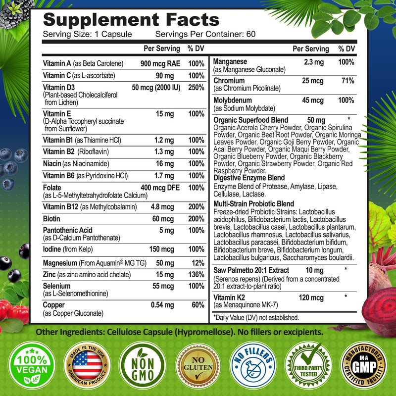 Vegan Methylated Multivitamin for Men - Saw Palmetto, Biotin & Probiotics | Men's Daily Multivitamin - Energy, Digestive & Optimal Health Support, Organic Superfoods, Easy-to-Swallow Capsules 60 Count (Pack of 1) Men's Multivitamin