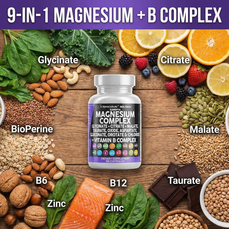Clean Nutraceuticals Magnesium Complex with Magnesium Glycinate Citrate Malate Oxide Taurate Aspartate Orotate & Mag Chloride, Zinc Copper Manganese & Vitamin C B1 B2 B6 B12 Complex - 1Pack 90 Count (Pack of 1)
