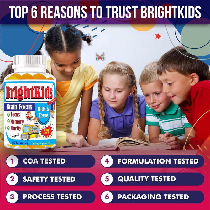 BrightKids Focus Gummies for Kids & Teens – Brain Gummies for Memory and Focus, Omega 3 DHA Brain Vitamins for Kids, Attention & Learning Support Childrens Vitamins, Drug-Free, Made in USA, 60 Count