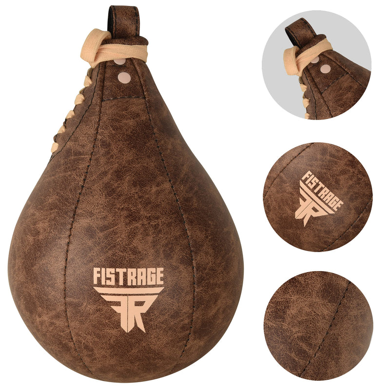 FISTRAGE Speed Bag Boxing Ball Leather MMA Muay Thai Training Punching Dodge Striking Kit with Free Hanging Swivel Workout Speedball Kicking Platform Equipment Vintage Beige