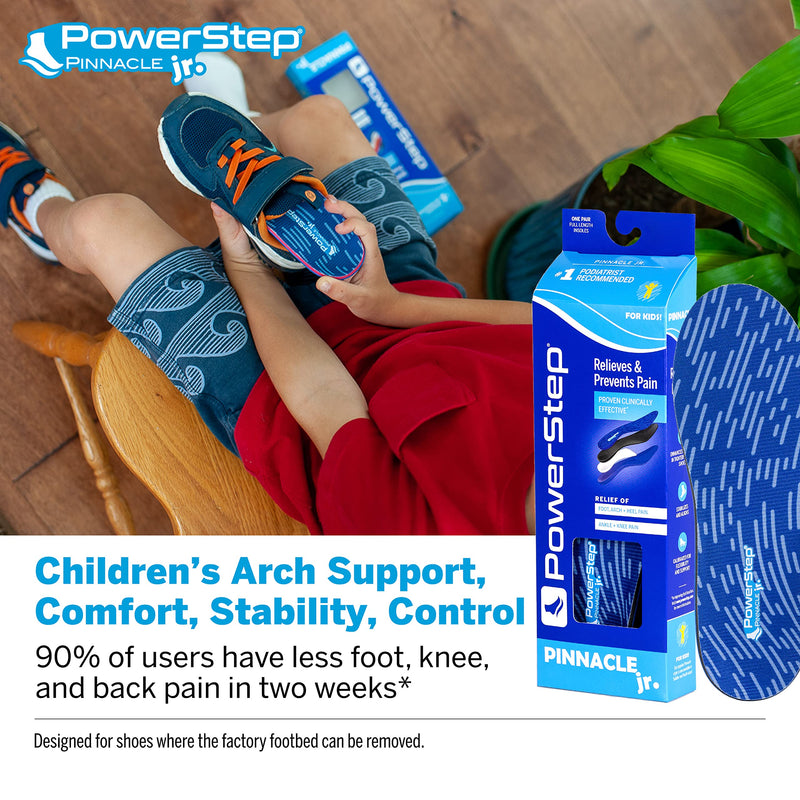 PowerStep Pinnacle Junior Insoles, Children’s Maximum Cushioning Shoe Insert, Relief for Ankle, Knee & Foot Pain, Arch Support for Girls and Boys, Kids Unisex, Made in the USA (Youth 4) Blue/White Youth 4