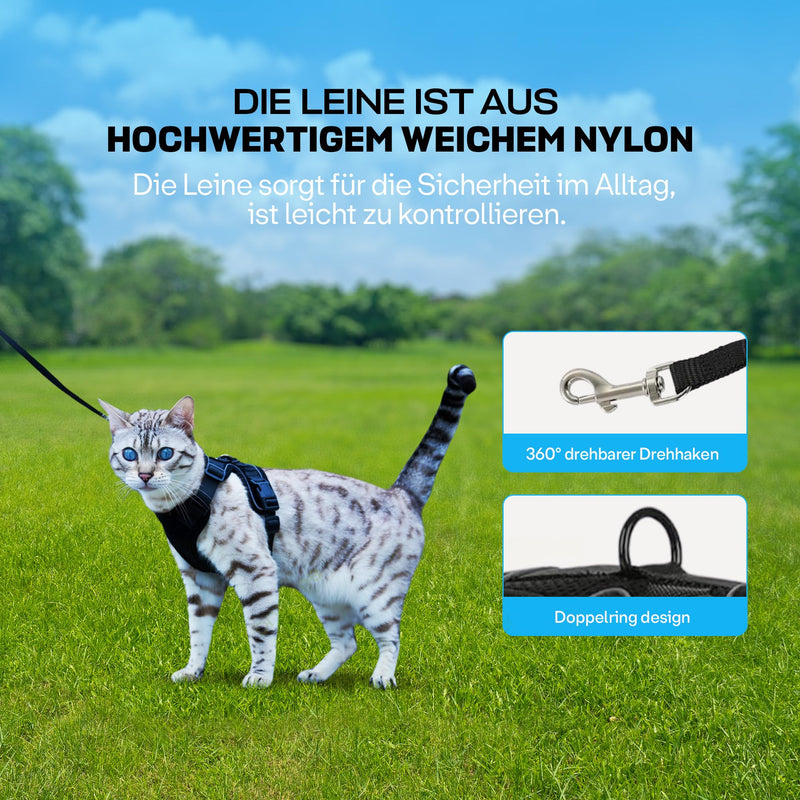 Adjustable Cat Leash + Harness - Soft, Safe and Breathable Material for Cats, Black (XS)