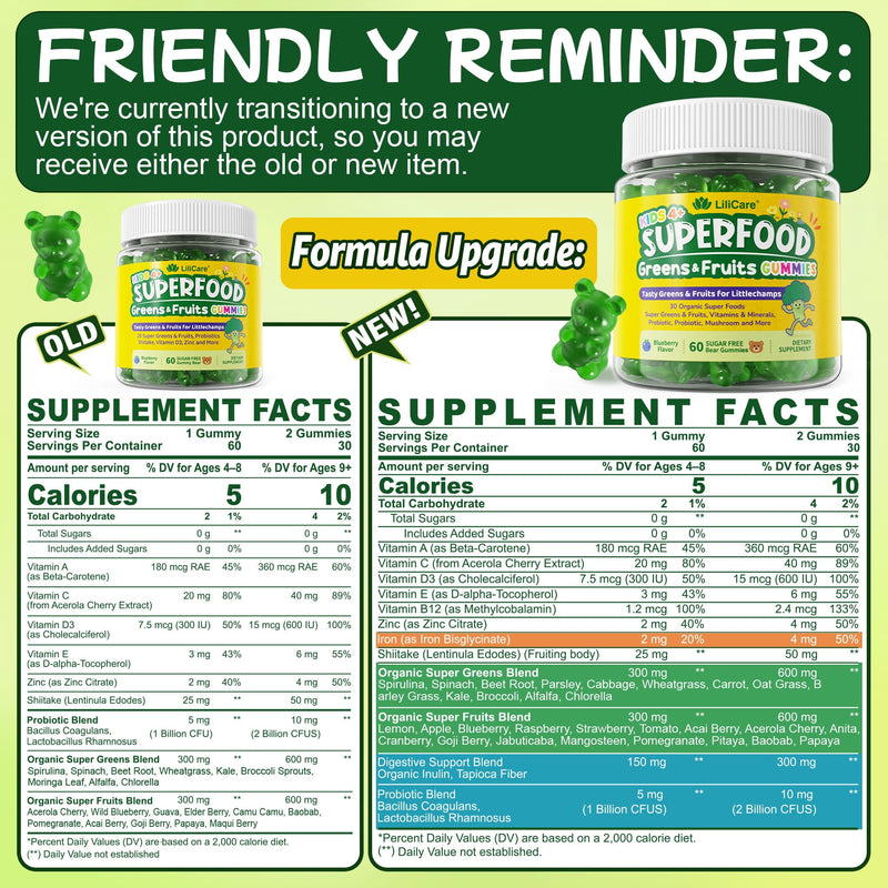 Kids Multivitamin Gummies w/Super Greens, 30 Veggie, Fruit, Iron, Daily Vitamin A C E D3 B12, Zinc, Probiotic, Shiitake, Kids Vitamins for Picky Eater Growth, Immunity, Digestion, Sugar Free, 60Cts