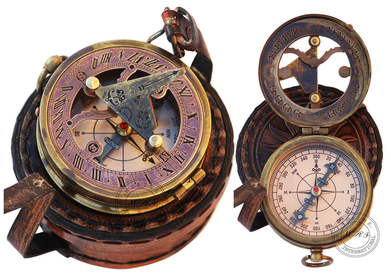 MAI Brass Sundial Compass Beautiful Gift Item with Leather Case - Sun Clock - Steampunk Accessory – Nautical Gift – Wedding Gifts for Him – Sundial Watch